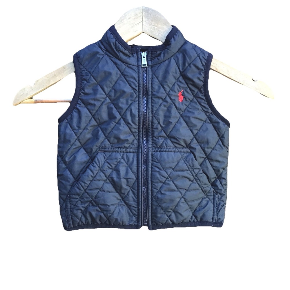 Polo Ralph Lauren Baby 18M Black Quilted Full Zip Vest Red Pony Fleece Lined